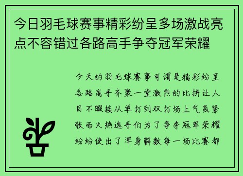 今日羽毛球赛事精彩纷呈多场激战亮点不容错过各路高手争夺冠军荣耀