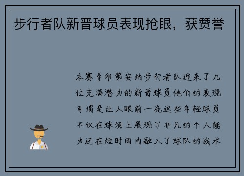 步行者队新晋球员表现抢眼，获赞誉