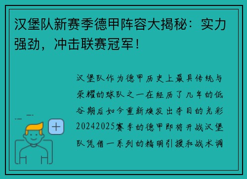 汉堡队新赛季德甲阵容大揭秘：实力强劲，冲击联赛冠军！